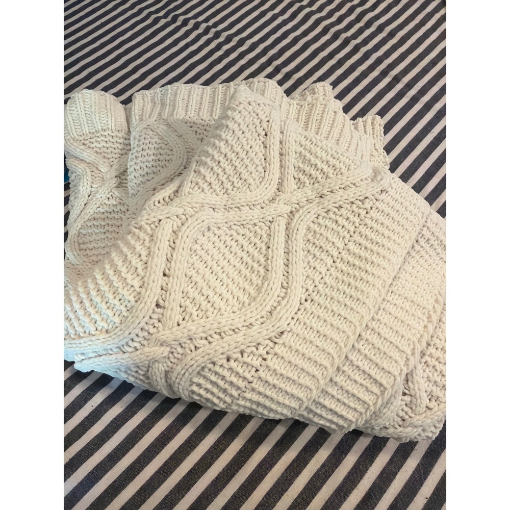 Magaschoni Home Cream Chunky Cable Knit Throw Blanket Off White Diamond Pattern